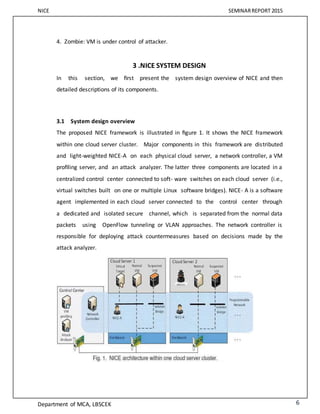 NICE SEMINARREPORT 2015
Department of MCA, LBSCEK 6
4. Zombie: VM is under control of attacker.
3 .NICE SYSTEM DESIGN
In this section, we ﬁrst present the system design overview of NICE and then
detailed descriptions of its components.
3.1 System design overview
The proposed NICE framework is illustrated in ﬁgure 1. It shows the NICE framework
within one cloud server cluster. Major components in this framework are distributed
and light-weighted NICE-A on each physical cloud server, a network controller, a VM
proﬁling server, and an attack analyzer. The latter three components are located in a
centralized control center connected to soft- ware switches on each cloud server (i.e.,
virtual switches built on one or multiple Linux software bridges). NICE- A is a software
agent implemented in each cloud server connected to the control center through
a dedicated and isolated secure channel, which is separated from the normal data
packets using OpenFlow tunneling or VLAN approaches. The network controller is
responsible for deploying attack countermeasures based on decisions made by the
attack analyzer.
 