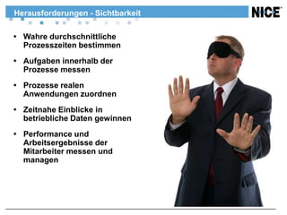 Herausforderungen - Sichtbarkeit

 Wahre durchschnittliche
  Prozesszeiten bestimmen
 Aufgaben innerhalb der
  Prozesse messen
 Prozesse realen
  Anwendungen zuordnen
 Zeitnahe Einblicke in
  betriebliche Daten gewinnen
 Performance und
  Arbeitsergebnisse der
  Mitarbeiter messen und
  managen
 