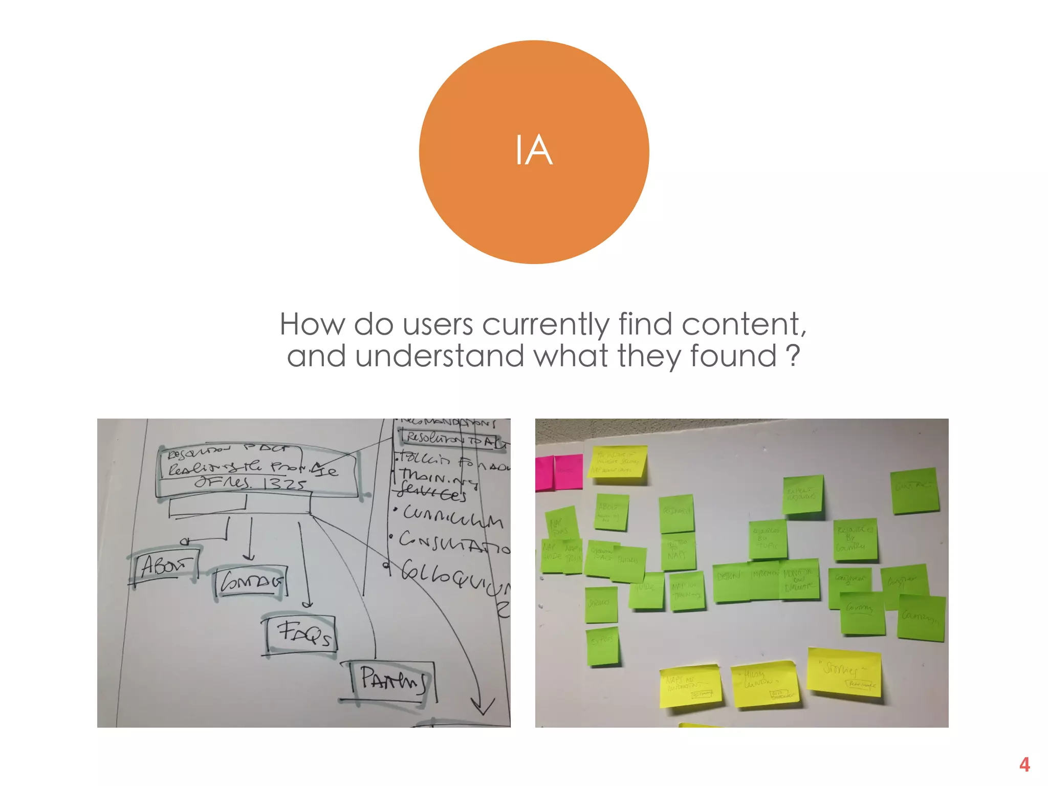 4
User centric design
User centric
design
IA
Participatory
design
How do users currently find content,
and understand what they found ?