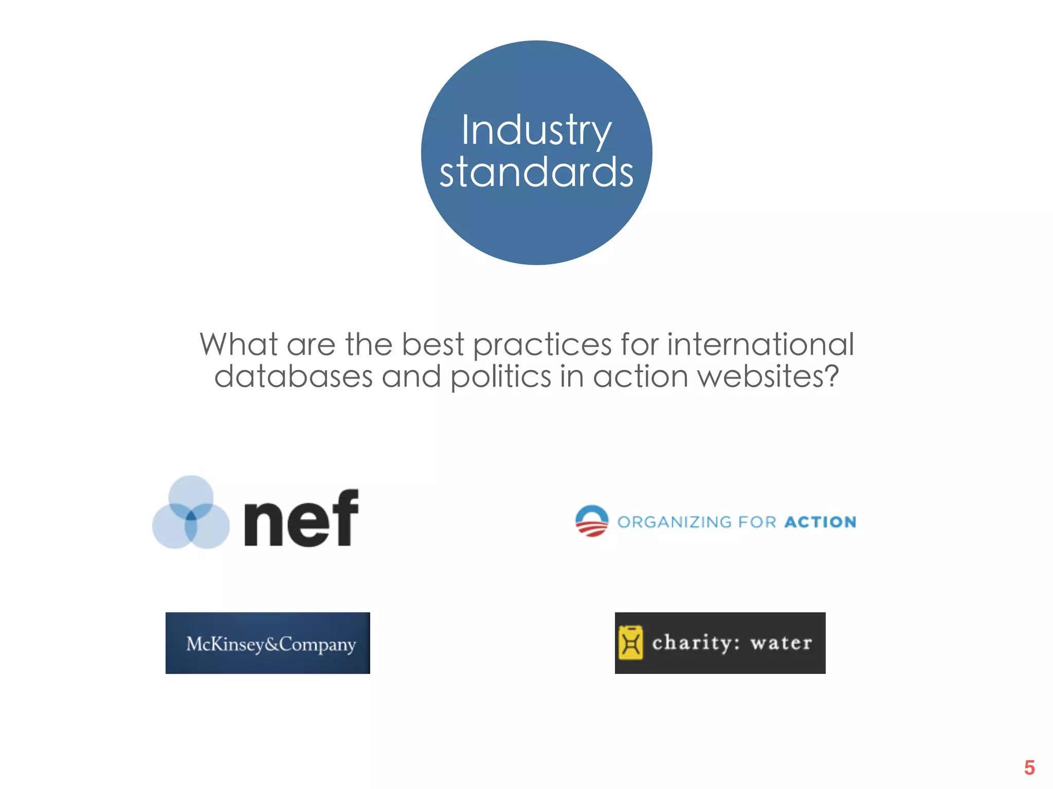 5
User centric designIndustry
standards
Participatory
design
What are the best practices for international
databases and politics in action websites?