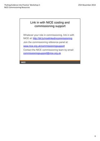 'Putting Evidence into Practice' Workshop 2: 
NICE Commissioning Resources 
25th November 2014 
6 
Link in with NICE costing and 
commissioning support 
Whatever your role in commissioning, link in with 
NICE at: http://bit.ly/nicelinkedincommissioning 
Join the commissioning reference panel at: 
www.nice.org.uk/commissioningsupport 
Contact the NICE commissioning team by email: 
commissioningsupport@nice.org.uk 
