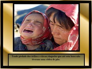 Tende piedade dos órfãos e viúvas; daqueles que até esta hora não
                  tiveram uma côdea de pão.
 