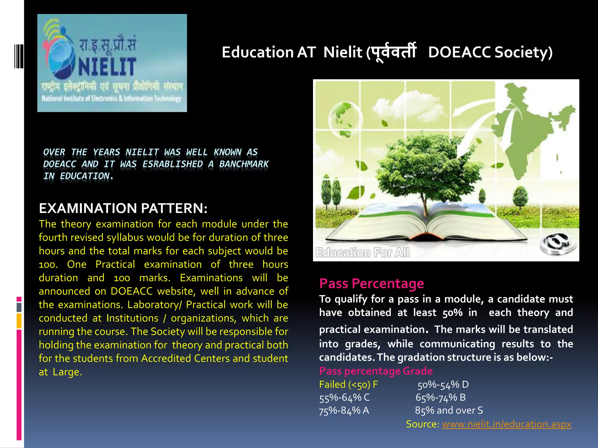 OVER THE YEARS NIELIT WAS WELL KNOWN AS
DOEACC AND IT WAS ESRABLISHED A BANCHMARK
IN EDUCATION.
Education AT Nielit (पू्व्ती DOEACC Society)
EXAMINATION PATTERN:
The theory examination for each module under the
fourth revised syllabus would be for duration of three
hours and the total marks for each subject would be
100. One Practical examination of three hours
duration and 100 marks. Examinations will be
announced on DOEACC website, well in advance of
the examinations. Laboratory/ Practical work will be
conducted at Institutions / organizations, which are
running the course. The Society will be responsible for
holding the examination for theory and practical both
for the students from Accredited Centers and student
at Large.
Pass Percentage
To qualify for a pass in a module, a candidate must
have obtained at least 50% in each theory and
practical examination. The marks will be translated
into grades, while communicating results to the
candidates.The gradation structure is as below:-
Pass percentageGrade
Failed (<50) F 50%-54% D
55%-64% C 65%-74% B
75%-84% A 85% and over S
Source: www.nielit.in/education.aspx
 