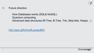 15
Future direction
• How Databases works (SQL& NoSQL)
• Quantum computing
• Advanced data structures (R-Tree, B-Tree, Trie, Skip-lists, Heaps…)
http://goo.gl/forms/9LauaeJBlO
N
 