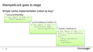 9
ConcurrentHashMap
StampedLock goes to stage
Text
Simple cache implementation (value by key):
(T key, Map<T, V> map) -> {
return map.get(i);
}
synchronizedMap(new HashMap<>())
(T key, Map<T, V> map) -> {
synchronized (map){
return map.get(i);
}
}
HashMap + ReadWriteLock
(T key, Map<T, V> map) -> {
Lock l = rwLock.readLock();
l.lock();
try {
return map.get(i);
} finally {
l.unlock();
}}
 