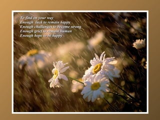 To find on your way Enough  luck to remain happy Enough challanges to become strong Enough grief to remain human  Enough hope to be happy 