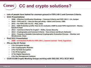 corsec.com © 2014 Corsec Security, Inc.
CC and crypto solutions?
» Lots of people have looked for common ground in FIPS 140-2 and Common Criteria.
» ICCC Presentations:
» 2008 – Effective Certification Roadmap – Common Criteria and FIPS 140-2 - Lin, Juniper
» 2010 – FIPS and CC – How do they get along – Adam and Connor, EWA
» 2011 – For FIPS 140-2 to CC – Mao, atsec
» 2011 - HSM Protection profile: How to CC-evaluate a HSM to meet FIPS requirement - Munoz,
Epoche & Espri
» 2012 – Common Criteria for Crypto? – Keller, Corsec Security
» 2013 – Cryptography and Common Criteria – Vora (Cisco) and Brych (Safenet)
» 2014 – Towards a Scalable International Cryptographic Evaluation Process – Shankar and
Winebrenner, Cisco
» First ICCC Presentation
» 2000 - A Protection Profile for FIPS 140-1, Lessons Learned - Smid, CygnaCom
» PPs on the CC Portal:
» 2 for Encrypted storage
» 3 for Cryptographic Modules
» 2 For Full Disk Encryption
» 1 for IP Encryption
» 17 for Digital Signatures
» 4 for Key Management Systems
» CCUF/CCDB Crypto Working Groups working with ISO/IEC JTC1 SC27 WG3
6
 