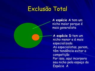 Exclusão Total
        A espécie A tem um
        nicho maior porque é
        mais generalista

        A espécie D tem um
        nicho menor e é mais
        especializada
        As especialistas, porem,
        têm tendência evitar a
        competição
        Por isso, aqui incorpora
        seu nicho pela espaço da
        Espécie A
 