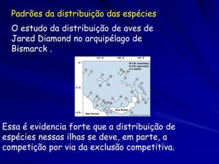 Padrões da distribuição das espécies
  O estudo da distribuição de aves de
  Jared Diamond no arquipélago de
  Bismarck .




Essa é evidencia forte que a distribuição de
espécies nessas ilhas se deve, em parte, a
competição por via da exclusão competitiva.
 