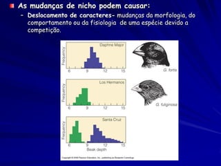 As mudanças de nicho podem causar:
– Deslocamento de caracteres- mudanças da morfologia, do
  comportamento ou da fisiologia de uma espécie devido a
  competição.
 