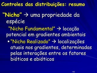 Controles das distribuições: resumo

“Nicho”  uma propriedade da
 espécie
   “Nicho Fundamental”  locação
  potencial em gradientes ambientais
   “Nicho Realizado”  localizações
    atuais nos gradientes, determinadas
    pelas interações entre os fatores
    bióticos e abióticos

                              140
 
