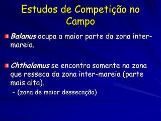 Estudos de Competição no
            Campo
Balanus ocupa a maior parte da zona inter-
mareia.

Chthalamus se encontra somente na zona
que resseca da zona inter-mareia (parte
mais alta).
– (zona de maior dessecação)
 