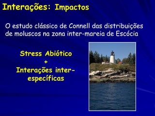 Interações: Impactos

O estudo clássico de Connell das distribuições
de moluscos na zona inter-mareia de Escócia


    Stress Abiótico
           +
   Interações inter-
      específicas
 
