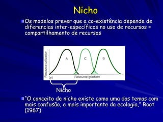 Nicho
Os modelos prever que a co-existência depende de
diferencias inter-específicos no uso de recursos =
compartilhamento de recursos




            Nicho
“O conceito de nicho existe como uma das temas com
mais confusão, e mais importante da ecologia,” Root
(1967)
 