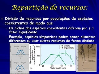 Repartição de recursos:
= Divisão de recursos por populações de espécies
  coexistentes de modo que
  – Os nichos das espécies coexistentes diferem por ≥ 1
    fator significante
  – Exemplo, espécies simpatricas podem comer alimentos
    diferentes ou usar outros recursos de forma distinta.
 