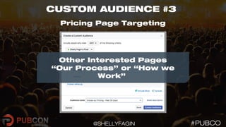 #PUBCO@SHELLYFAGIN
CUSTOM AUDIENCE #3
Pricing Page Targeting
Other Interested Pages
“Our Process” or “How we
Work”
 
