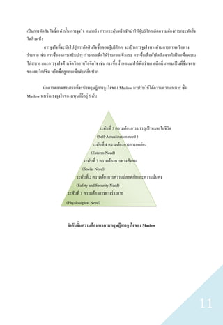 เป็ นการตัดสิ นใจซื้ อ ดังนั้น การจูงใจ หมายถึง การกระตุนหรื อชักนาให้ผบริ โภคเกิดความต้องการกระทาสิ่ ง
                                                            ้             ู้
ใดสิ่ งหนึ่ง
             การจูงใจที่จะนาไปสู่ การตัดสิ นใจซื้ อของผูบริ โภค จะเป็ นการจูงใจทางด้านกายภาพหรื อทาง
                                                          ้
ร่ างกาย เช่น การซื้ ออาการเสริ มบารุ งร่ างกายเพื่อให้ร่างกายแข็งแรง การซื้ อเสื้ อผ้าที่ผลิตจากใยฝ้ ายเพื่อความ
ใส่ สบาย และการจูงใจด้านจิตวิทยาหรื อจิตใจ เช่น การซื้ อน้ าหอมมาใช้เพื่อร่ างกายมีกลิ่นหอมเป็ นที่ชื่นชอบ
ของคนใกล้ชิด หรื อซื้ อลูกอมเพื่อดับกลิ่นปาก

        นักการตลาดสามารถที่จะนาทฤษฎีการจูงใจของ Maslow มาปรับใช้ได้ความความเหมาะ ซึ่ง
Maslow พบว่าแรงจูงใจของมนุษย์มีอยู่ 5 ดับ




                                                 ระดับที่ 5 ความต้องการบรรลุเป้ าหมายใยชีวต
                                                                                          ิ
                                               (Self-Actualization need )
                                            ระดับที่ 4 ความต้องการการยกย่อง
                                           (Esteem Need)
                                      ระดับที่ 3 ความต้องการทางสังคม
                                     (Social Need)
                                ระดับที่ 2 ความต้องการความปลอดภัยและความมันคง     ่
                                (Safety and Security Need)
                           ระดับที่ 1 ความต้องการทางร่ างกาย
                          (Physiological Need)


                           ลาดับขั้นความต้ องการตามทฤษฎีการจูงใจของ Maslow




                                                                                                                    11
 