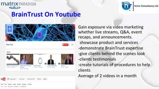 Gain exposure via video marketing
whether live streams, Q&A, event
recaps, and announcements.
-showcase product and services
-demonstrate BrainTrust expertise
-give clients behind the scenes look
-clients testimonials
-create tutorials of procedures to help
clients
Average of 2 videos in a month
BrainTrust On Youtube
 