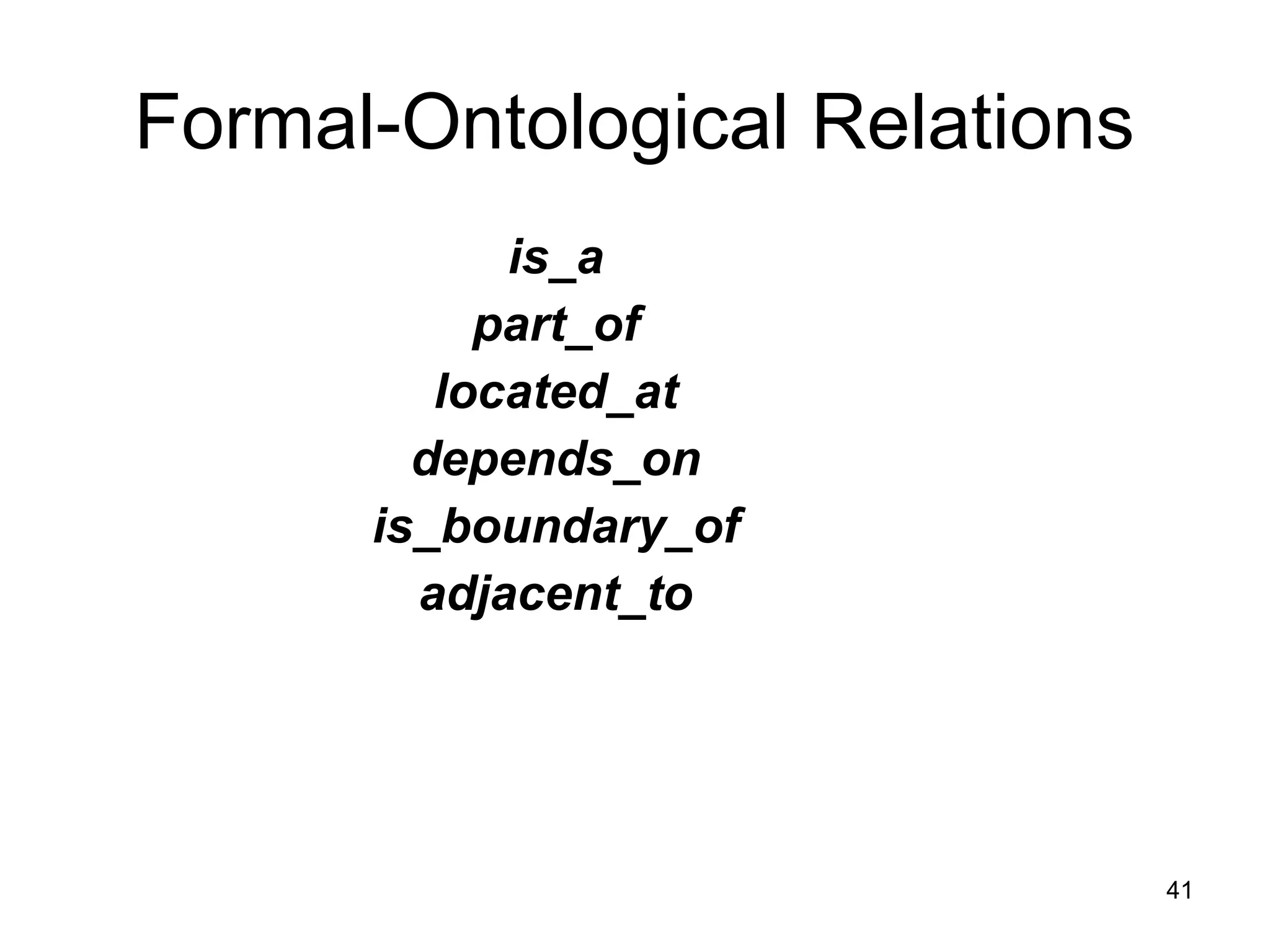 41
Formal-Ontological Relations
is_a
part_of
located_at
depends_on
is_boundary_of
adjacent_to
 