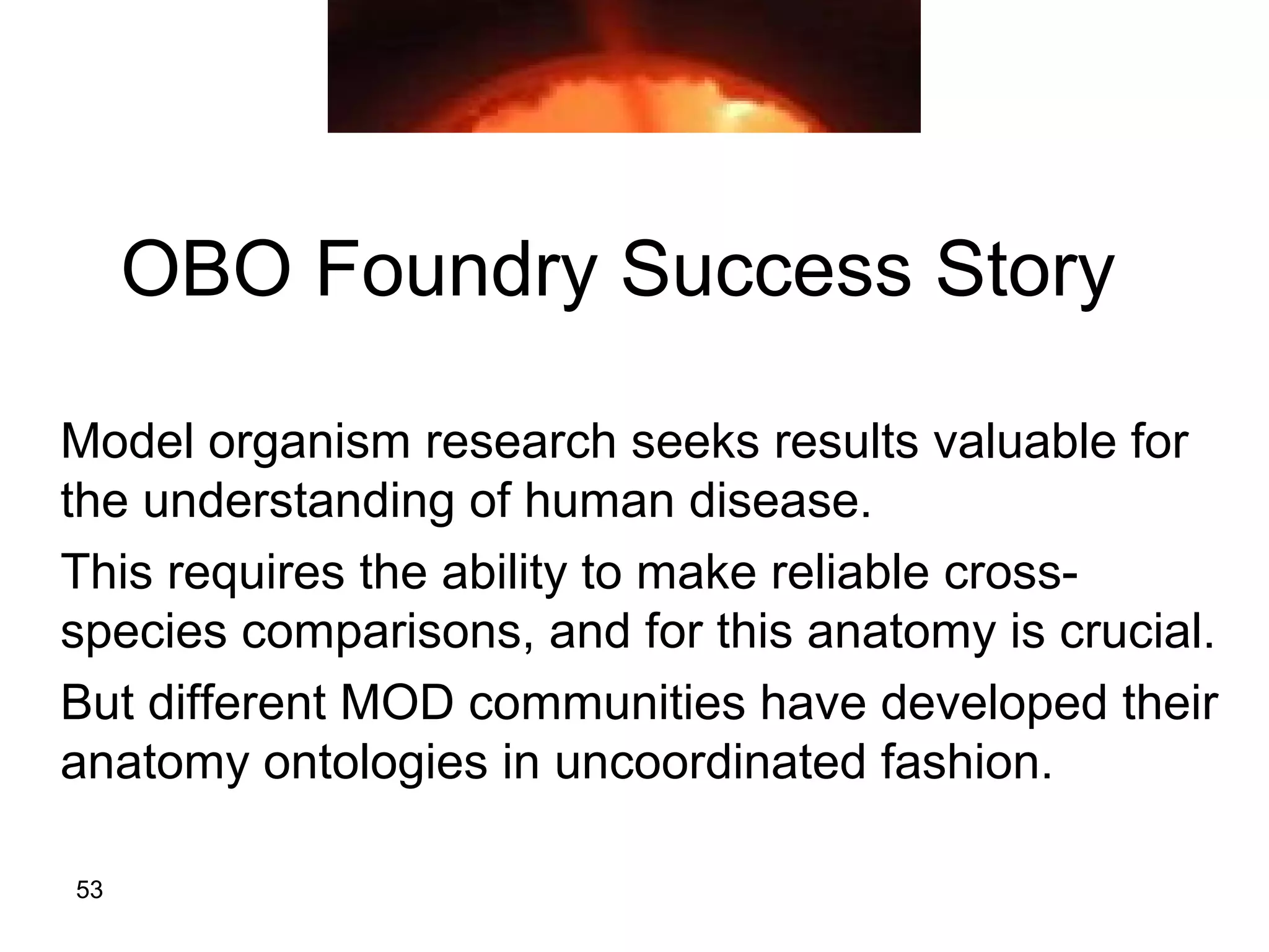 OBO Foundry Success Story
Model organism research seeks results valuable for
the understanding of human disease.
This requires the ability to make reliable cross-
species comparisons, and for this anatomy is crucial.
But different MOD communities have developed their
anatomy ontologies in uncoordinated fashion.
53
 