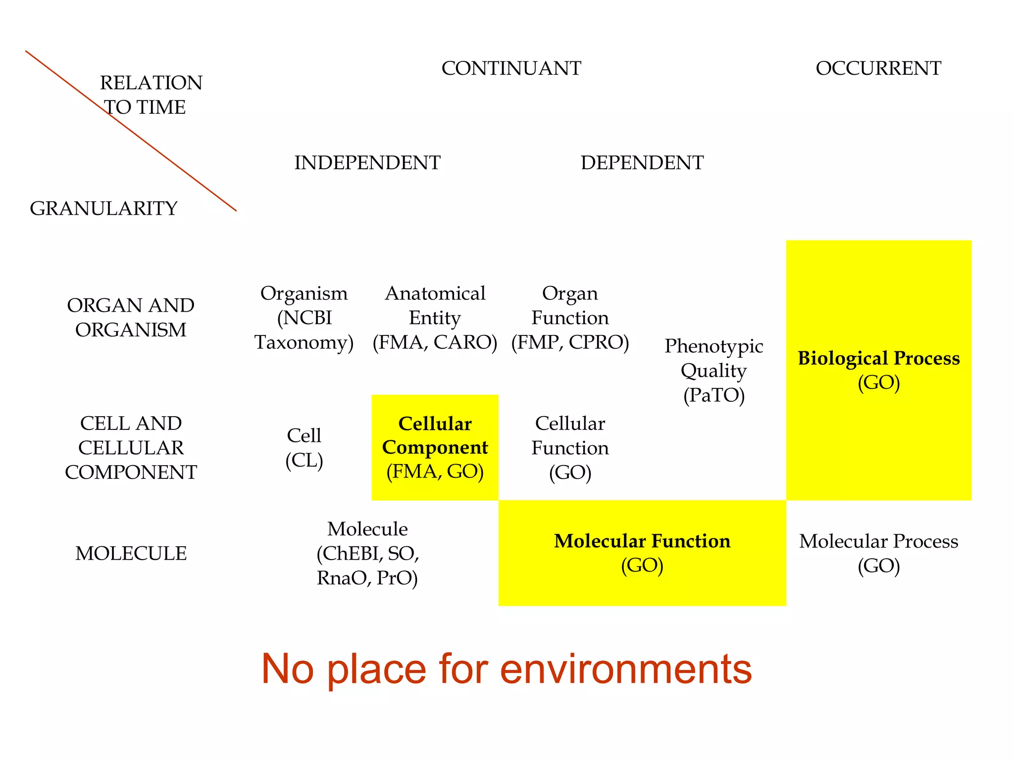 66
RELATION
TO TIME
GRANULARITY
CONTINUANT OCCURRENT
INDEPENDENT DEPENDENT
ORGAN AND
ORGANISM
Organism
(NCBI
Taxonomy)
Anatomical
Entity
(FMA, CARO)
Organ
Function
(FMP, CPRO) Phenotypic
Quality
(PaTO)
Biological Process
(GO)
CELL AND
CELLULAR
COMPONENT
Cell
(CL)
Cellular
Component
(FMA, GO)
Cellular
Function
(GO)
MOLECULE
Molecule
(ChEBI, SO,
RnaO, PrO)
Molecular Function
(GO)
Molecular Process
(GO)
No place for environments
 
