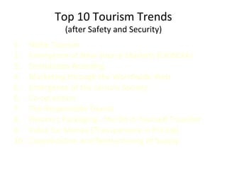 Top 10 Tourism Trends
(after Safety and Security)
1. Niche Tourism
2. Emergence of New Source Markets (CHINDIA)
3. Destination Branding
4. Marketing through the Worldwide Web
5. Emergence of the Leisure Society
6. Co-op’etition
7. The Responsible Tourist
8. Dynamic Packaging - the Do-it-Yourself Traveller
9. Value for Money (Transparency in Pricing)
10. Consolidation and Restructuring of Supply
 