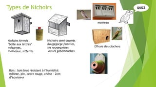 Types de Nichoirs
Nichoirs fermés
‘boite aux lettres’
mésanges,
moineaux, sittelles
Nichoirs semi ouverts
Rougegorge familier,
les rougequeues
ou les gobemouches
Bois : bois brut résistant à l’humidité:
mélèze, pin, cèdre rouge, chêne – 2cm
d’épaisseur
moineau
Effraie des clochers
QUIZZ
 