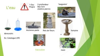 L’eau
Abreuvoirs
Ex: Catalogue LPO
Fabrication
1-Eau
Propre
mare
fontaine
‘baignoire’2-profondeur
Max 5cm
(mettre pierre)
Ancienne poele Pots de fleurs
 
