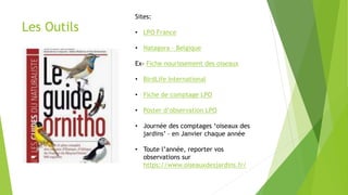 Les Outils
Sites:
• LPO France
• Natagora – Belgique
Ex- Fiche nourissement des oiseaux
• BirdLife International
• Fiche de comptage LPO
• Poster d’observation LPO
• Journée des comptages ‘oiseaux des
jardins’ – en Janvier chaque année
• Toute l’année, reporter vos
observations sur
https://www.oiseauxdesjardins.fr/
 