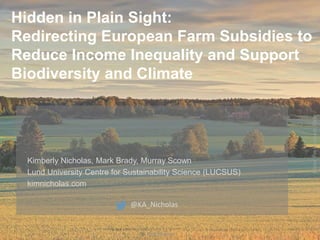 Photo:
Tim
Lindstedt,
Flickr
Hidden in Plain Sight:
Redirecting European Farm Subsidies to
Reduce Income Inequality and Support
Biodiversity and Climate
Kimberly Nicholas, Mark Brady, Murray Scown
Lund University Centre for Sustainability Science (LUCSUS)
kimnicholas.com
@KA_Nicholas
@KA_Nicholas
 