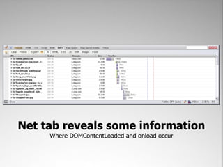 Net tab reveals some information
     Where DOMContentLoaded and onload occur
 