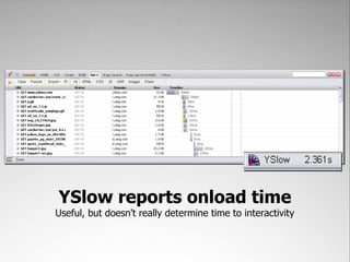 YSlow reports onload time
Useful, but doesn't really determine time to interactivity
 