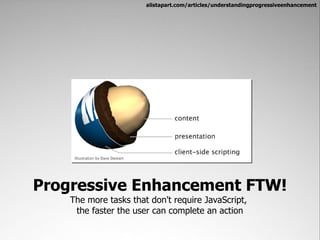 alistapart.com/articles/understandingprogressiveenhancement




Progressive Enhancement FTW!
    The more tasks that don't require JavaScript,
     the faster the user can complete an action
 