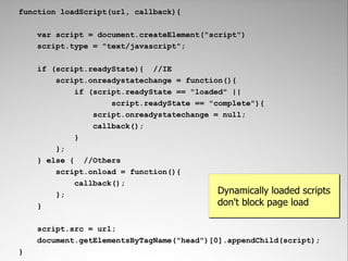 function loadScript(url, callback){

    var script = document.createElement("script")
    script.type = "text/javascript";

    if (script.readyState){ //IE
        script.onreadystatechange = function(){
            if (script.readyState == "loaded" ||
                    script.readyState == "complete"){
                script.onreadystatechange = null;
                callback();
            }
        };
    } else { //Others
        script.onload = function(){
            callback();
        };                                 Dynamically loaded scripts
    }                                      don't block page load

    script.src = url;
    document.getElementsByTagName("head")[0].appendChild(script);
}
 