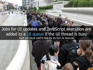 Jobs for UI updates and JavaScript execution are
  added to a UI queue if the UI thread is busy
         Each job must wait in line for its turn to execute
 