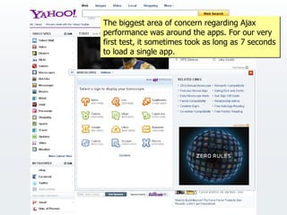 The biggest area of concern regarding Ajax
performance was around the apps. For our very
first test, it sometimes took as long as 7 seconds
to load a single app.
 