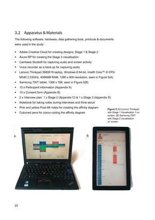 22
Figure 5 (A) Lenovo Thinkpad
with Stage 1 Visualisation 1 on
screen. (B) Samsung 700T
with Stage 2 visualisation
on screen.
The following software, hardware, data gathering tools, printouts & documents
were used in the study:
 Adobe Creative Cloud for creating designs; Stage 1 & Stage 2
 Axure RP for creating the Stage 3 visualisation
 Camtasia Studio® for capturing audio and screen activity
 Voice recorder as a back-up for capturing audio
 Lenovo Thinkpad 3680K16 laptop, Windows 8 64-bit, Intel® Core™ i5 CPU
M540 2.53GHz, 4096MB RAM, 1280 x 800 resolution, seen in Figure 5(A)
 Samsung 700T tablet, 1366 x 768, seen in Figure 5(B)
 10 x Participant information (Appendix A)
 10 x Consent form (Appendix B)
 2 x Interview plan: 1 x Stage 2 (Appendix C) & 1 x Stage 3 (Appendix D)
 Notebook for taking notes during interviews and think-aloud
 Pink and yellow Post-it® notes for creating the affinity diagram
 Coloured pens for colour-coding the affinity diagram
A B
 
