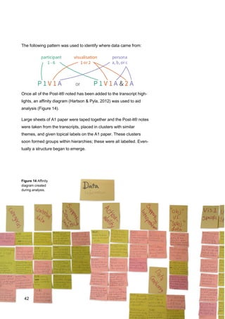 42
The following pattern was used to identify where data came from:
Once all of the Post-it® noted has been added to the transcript high-
lights, an affinity diagram (Hartson & Pyla, 2012) was used to aid
analysis (Figure 14).
Large sheets of A1 paper were taped together and the Post-it® notes
were taken from the transcripts, placed in clusters with similar
themes, and given topical labels on the A1 paper. These clusters
soon formed groups within hierarchies; these were all labelled. Even-
tually a structure began to emerge.
Figure 14 Affinity
diagram created
during analysis.
42
 