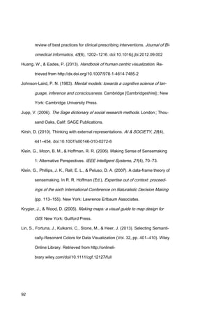 92
review of best practices for clinical prescribing interventions. Journal of Bi-
omedical Informatics, 45(6), 1202–1216. doi:10.1016/j.jbi.2012.09.002
Huang, W., & Eades, P. (2013). Handbook of human centric visualization. Re-
trieved from http://dx.doi.org/10.1007/978-1-4614-7485-2
Johnson-Laird, P. N. (1983). Mental models: towards a cognitive science of lan-
guage, inference and consciousness. Cambridge [Cambridgeshire] ; New
York: Cambridge University Press.
Jupp, V. (2006). The Sage dictionary of social research methods. London ; Thou-
sand Oaks, Calif: SAGE Publications.
Kirsh, D. (2010). Thinking with external representations. AI & SOCIETY, 25(4),
441–454. doi:10.1007/s00146-010-0272-8
Klein, G., Moon, B. M., & Hoffman, R. R. (2006). Making Sense of Sensemaking
1: Alternative Perspectives. IEEE Intelligent Systems, 21(4), 70–73.
Klein, G., Phillips, J. K., Rall, E. L., & Peluso, D. A. (2007). A data-frame theory of
sensemaking. In R. R. Hoffman (Ed.), Expertise out of context: proceed-
ings of the sixth International Conference on Naturalistic Decision Making
(pp. 113–155). New York: Lawrence Erlbaum Associates.
Krygier, J., & Wood, D. (2005). Making maps: a visual guide to map design for
GIS. New York: Guilford Press.
Lin, S., Fortuna, J., Kulkarni, C., Stone, M., & Heer, J. (2013). Selecting Semanti-
cally-Resonant Colors for Data Visualization (Vol. 32, pp. 401–410). Wiley
Online Library. Retrieved from http://onlineli-
brary.wiley.com/doi/10.1111/cgf.12127/full
 