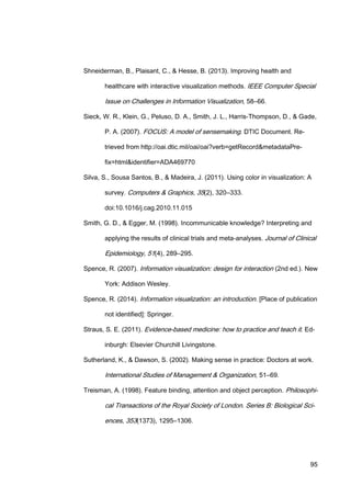 95
Shneiderman, B., Plaisant, C., & Hesse, B. (2013). Improving health and
healthcare with interactive visualization methods. IEEE Computer Special
Issue on Challenges in Information Visualization, 58–66.
Sieck, W. R., Klein, G., Peluso, D. A., Smith, J. L., Harris-Thompson, D., & Gade,
P. A. (2007). FOCUS: A model of sensemaking. DTIC Document. Re-
trieved from http://oai.dtic.mil/oai/oai?verb=getRecord&metadataPre-
fix=html&identifier=ADA469770
Silva, S., Sousa Santos, B., & Madeira, J. (2011). Using color in visualization: A
survey. Computers & Graphics, 35(2), 320–333.
doi:10.1016/j.cag.2010.11.015
Smith, G. D., & Egger, M. (1998). Incommunicable knowledge? Interpreting and
applying the results of clinical trials and meta-analyses. Journal of Clinical
Epidemiology, 51(4), 289–295.
Spence, R. (2007). Information visualization: design for interaction (2nd ed.). New
York: Addison Wesley.
Spence, R. (2014). Information visualization: an introduction. [Place of publication
not identified]: Springer.
Straus, S. E. (2011). Evidence-based medicine: how to practice and teach it. Ed-
inburgh: Elsevier Churchill Livingstone.
Sutherland, K., & Dawson, S. (2002). Making sense in practice: Doctors at work.
International Studies of Management & Organization, 51–69.
Treisman, A. (1998). Feature binding, attention and object perception. Philosophi-
cal Transactions of the Royal Society of London. Series B: Biological Sci-
ences, 353(1373), 1295–1306.
 