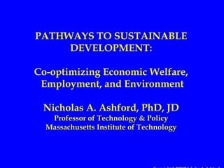PATHWAYS TO SUSTAINABLE
     DEVELOPMENT:

Co-optimizing Economic Welfare,
 Employment, and Environment

 Nicholas A. Ashford, PhD, JD
   Professor of Technology & Policy
  Massachusetts Institute of Technology
 