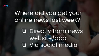 Company Name
Your company tagline
Where did you get your
online news last week?
❏ Directly from news
website/app
❏ Via social media
 