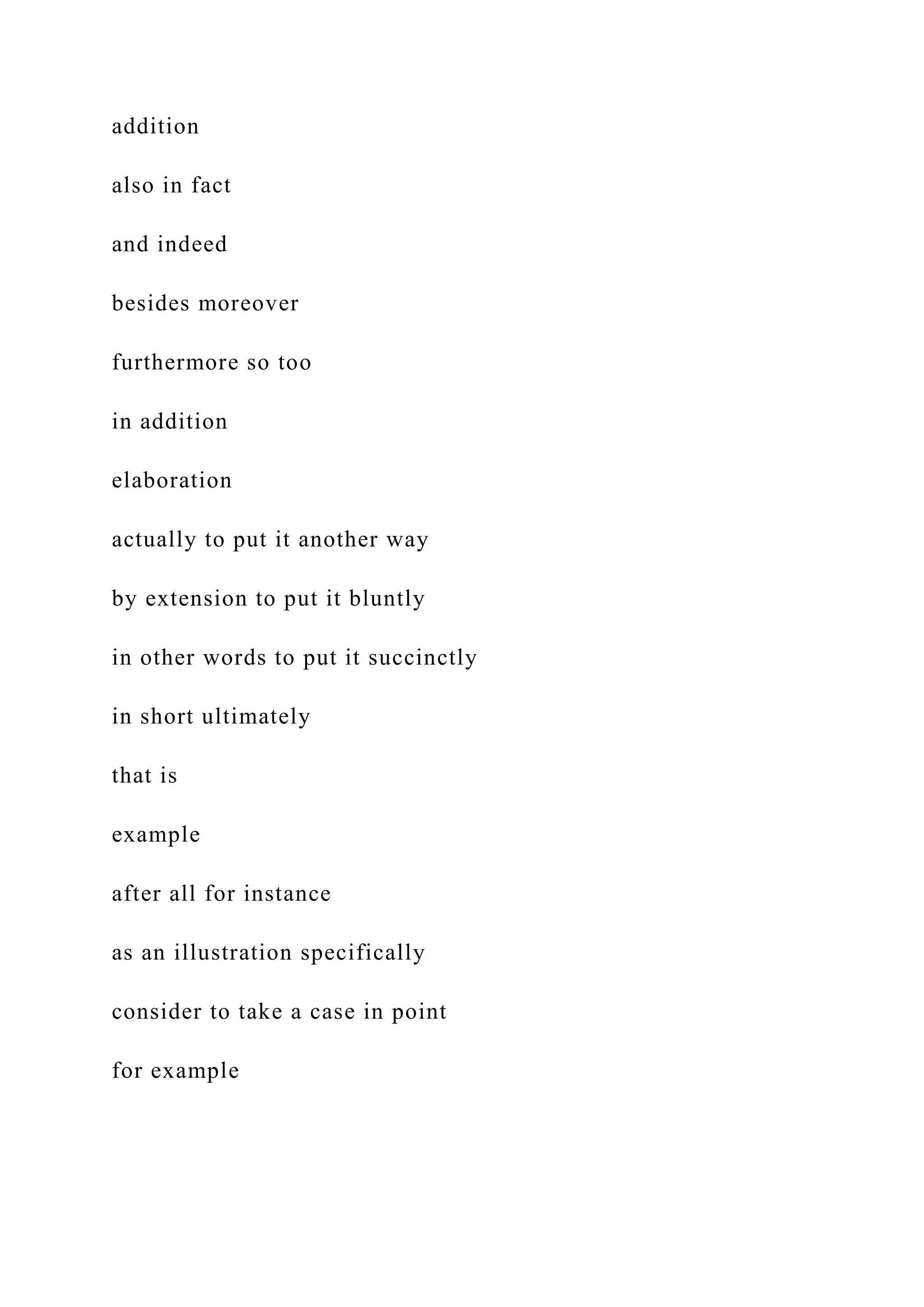 addition
also in fact
and indeed
besides moreover
furthermore so too
in addition
elaboration
actually to put it another way
by extension to put it bluntly
in other words to put it succinctly
in short ultimately
that is
example
after all for instance
as an illustration specifically
consider to take a case in point
for example
 