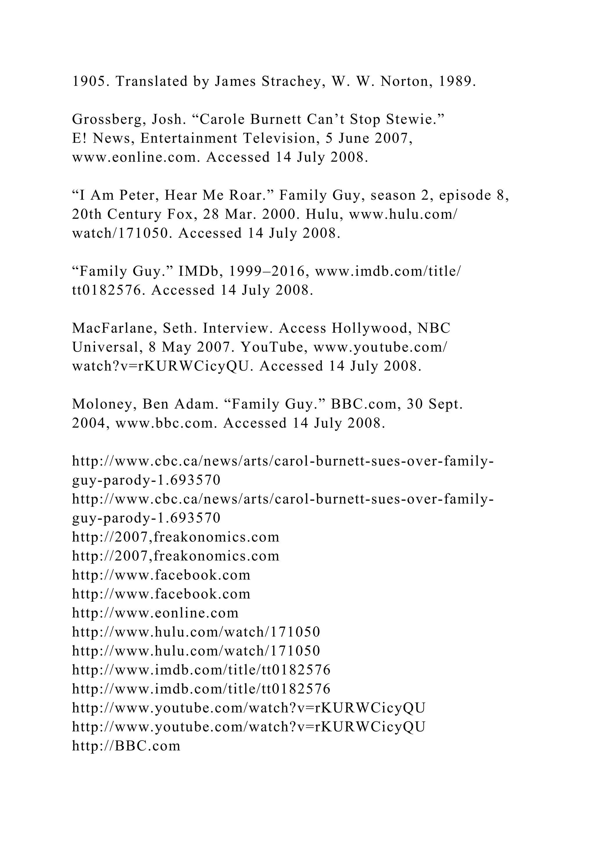 1905. Translated by James Strachey, W. W. Norton, 1989.
Grossberg, Josh. “Carole Burnett Can’t Stop Stewie.”
E! News, Entertainment Television, 5 June 2007,
www.eonline.com. Accessed 14 July 2008.
“I Am Peter, Hear Me Roar.” Family Guy, season 2, episode 8,
20th Century Fox, 28 Mar. 2000. Hulu, www.hulu.com/
watch/171050. Accessed 14 July 2008.
“Family Guy.” IMDb, 1999–2016, www.imdb.com/title/
tt0182576. Accessed 14 July 2008.
MacFarlane, Seth. Interview. Access Hollywood, NBC
Universal, 8 May 2007. YouTube, www.youtube.com/
watch?v=rKURWCicyQU. Accessed 14 July 2008.
Moloney, Ben Adam. “Family Guy.” BBC.com, 30 Sept.
2004, www.bbc.com. Accessed 14 July 2008.
http://www.cbc.ca/news/arts/carol-burnett-sues-over-family-
guy-parody-1.693570
http://www.cbc.ca/news/arts/carol-burnett-sues-over-family-
guy-parody-1.693570
http://2007,freakonomics.com
http://2007,freakonomics.com
http://www.facebook.com
http://www.facebook.com
http://www.eonline.com
http://www.hulu.com/watch/171050
http://www.hulu.com/watch/171050
http://www.imdb.com/title/tt0182576
http://www.imdb.com/title/tt0182576
http://www.youtube.com/watch?v=rKURWCicyQU
http://www.youtube.com/watch?v=rKURWCicyQU
http://BBC.com
 