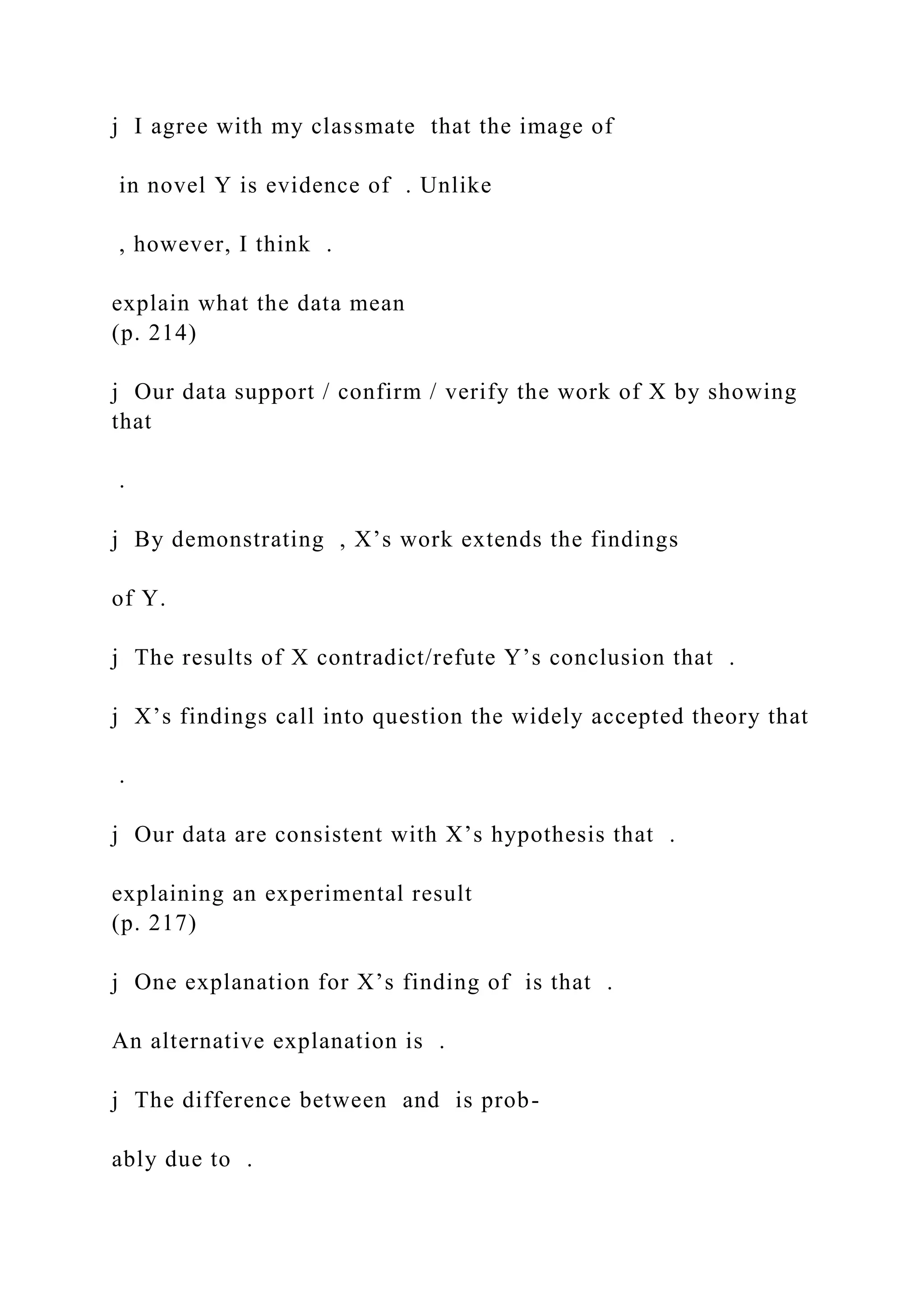 j I agree with my classmate that the image of
in novel Y is evidence of . Unlike
, however, I think .
explain what the data mean
(p. 214)
j Our data support / confirm / verify the work of X by showing
that
.
j By demonstrating , X’s work extends the findings
of Y.
j The results of X contradict/refute Y’s conclusion that .
j X’s findings call into question the widely accepted theory that
.
j Our data are consistent with X’s hypothesis that .
explaining an experimental result
(p. 217)
j One explanation for X’s finding of is that .
An alternative explanation is .
j The difference between and is prob-
ably due to .
 