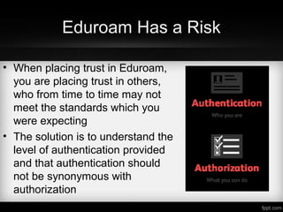 Eduroam Has a Risk
• When placing trust in Eduroam,
you are placing trust in others,
who from time to time may not
meet the standards which you
were expecting
• The solution is to understand the
level of authentication provided
and that authentication should
not be synonymous with
authorization
 