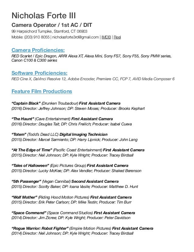 cameraman resume format Template - Nicholas Forte Iii 1st Ac Operator Resume 1 638