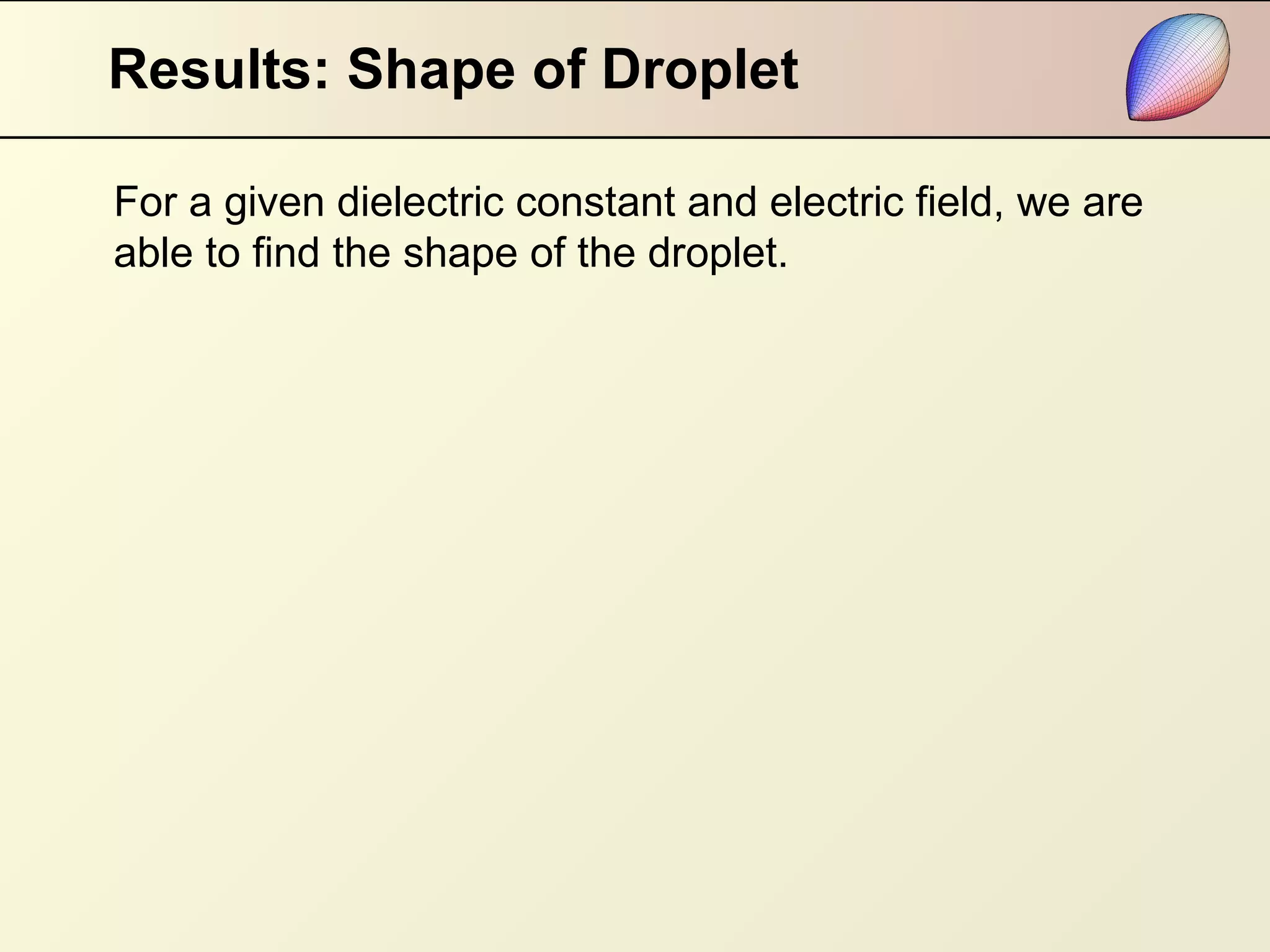 Results: Shape of Droplet For a given dielectric constant and electric field, we are able to find the shape of the droplet. 