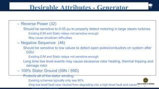 Index
Desirable Attributes - Generator
– Reverse Power (32)
Should be sensitive to 0.05 pu to properly detect motoring in large steam turbines
Existing E/M and Static relays not sensitive enough
May cause shutdown difficulties
– Negative Sequence (46)
Should be sensitive to low values to detect open poles/conductors on system after
GSU
Existing E/M and Static relays not sensitive enough
Long time low level events may cause excessive rotor heating, thermal tripping and
damage rotor
– 100% Stator Ground (59N / 59D)
Protects all of the stator winding
Existing schemes typically only see 90%
Stop low level fault near neutral from degrading into a high level fault and causing large
 