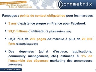 Fanpages : points de contact obligatoires pour les marques

  3 ans d’existence propre en France pour Facebook

  23,2 millions d’utilisateurs (Socialbakers.com)

  Déjà Plus de 200 pages de marque à plus de 20 000
    fans (Socialbakers.com)

  Des     dépenses   (achat d’espace,   applications,
    community management, etc.) estimées à 1% de
    l’ensemble des dépenses marketing des annonceurs
    (01net.com)
 